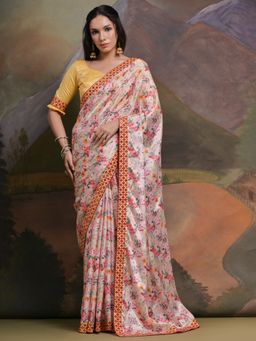 Odette - Pink Printed Chiffon Saree for Women with Unstitched Blouse