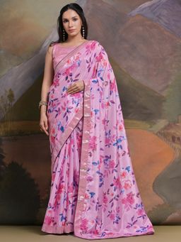 Odette - Pink Printed Chiffon Saree for Women with Unstitched Blouse