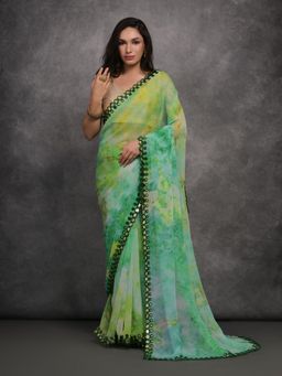 Odette - Green Printed Georgette Saree for Women with Unstitched Blouse