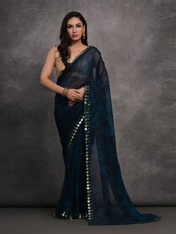 Odette - Navy Blue Printed Georgette Saree for Women with Unstitched Blouse