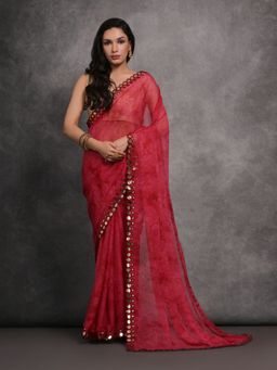 Odette - Red Printed Georgette Saree for Women with Unstitched Blouse