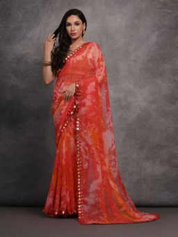 Odette - Orange Printed Georgette Saree for Women with Unstitched Blouse