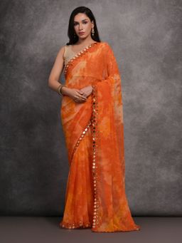 Odette - Orange Printed Georgette Saree for Women with Unstitched Blouse