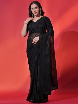 Odette - Black Embellished Georgette Saree for Women with Unstitched Blouse