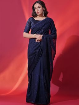 Odette - Blue Embellished Georgette Saree for Women with Unstitched Blouse