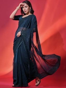 Odette - Teal Embellished Georgette Saree for Women with Unstitched Blouse