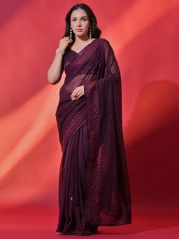 Odette - Wine Embellished Georgette Saree for Women with Unstitched Blouse