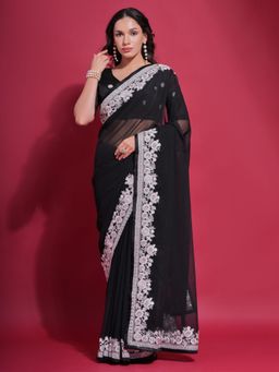 Odette - Black Embroidered Georgette Saree for Women with Unstitched Blouse