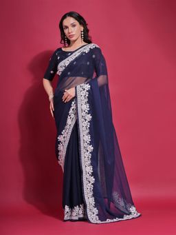 Odette - Blue Embroidered Georgette Saree for Women with Unstitched Blouse