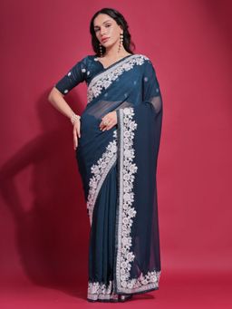 Odette - Teal Embroidered Georgette Saree for Women with Unstitched Blouse