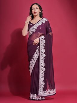 Odette - Wine Embroidered Georgette Saree for Women with Unstitched Blouse