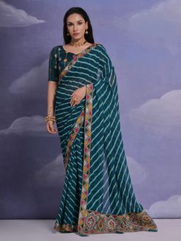 Odette - Teal Printed Georgette Saree for Women with Unstitched Blouse