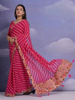 Odette - Pink Printed Georgette Saree for Women with Unstitched Blouse
