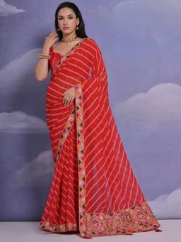 Odette - Red Printed Georgette Saree for Women with Unstitched Blouse