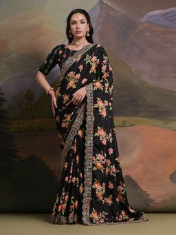 Odette - Black Printed Chiffon Saree for Women with Unstitched Blouse