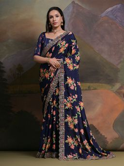 Odette - Blue Printed Chiffon Saree for Women with Unstitched Blouse