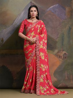 Odette - Red Printed Chiffon Saree for Women with Unstitched Blouse