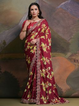 Odette - Wine Printed Chiffon Saree for Women with Unstitched Blouse
