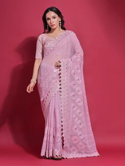 Odette - Pink Embroidered Georgette Saree for Women with Unstitched Blouse