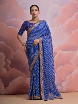 Odette - Blue Printed Georgette Saree for Women with Unstitched Blouse