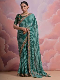 Odette - Green Printed Georgette Saree for Women with Unstitched Blouse