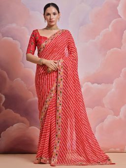 Odette - Pink Printed Georgette Saree for Women with Unstitched Blouse