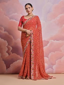 Odette - Red Printed Georgette Saree for Women with Unstitched Blouse