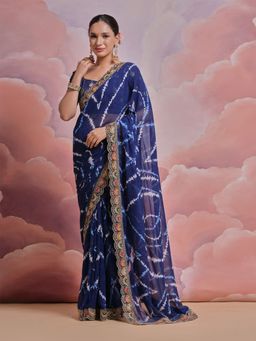 Odette - Navy Blue Printed Georgette Saree for Women with Unstitched Blouse