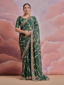Odette - Green Printed Georgette Saree for Women with Unstitched Blouse