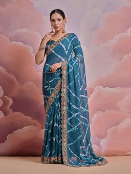 Odette - Blue Printed Georgette Saree for Women with Unstitched Blouse