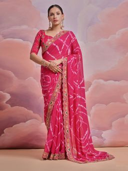 Odette - Pink Printed Georgette Saree for Women with Unstitched Blouse