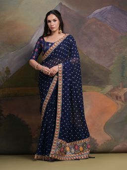 Odette - Navy Blue Printed Georgette Saree for Women with Unstitched Blouse