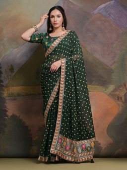 Odette - Green Printed Georgette Saree for Women with Unstitched Blouse