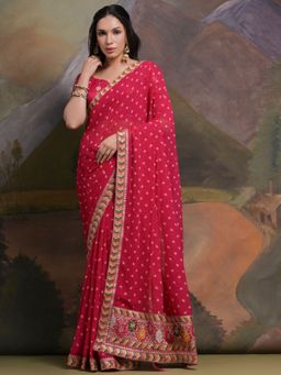 Odette - Pink Printed Georgette Saree for Women with Unstitched Blouse