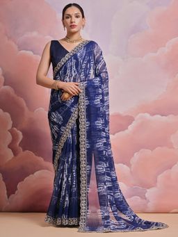 Odette - Blue Printed Georgette Saree for Women with Unstitched Blouse