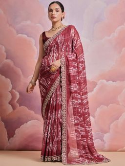 Odette - Maroon Printed Georgette Saree for Women with Unstitched Blouse