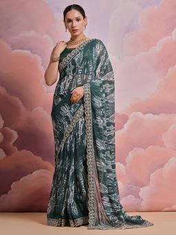 Odette - Olive Printed Georgette Saree for Women with Unstitched Blouse