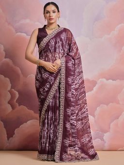 Odette - Wine Printed Georgette Saree for Women with Unstitched Blouse