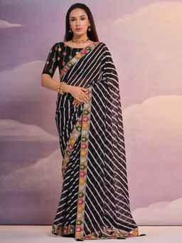 Odette - Black Printed Georgette Saree for Women with Unstitched Blouse