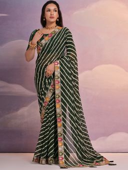 Odette - Green Printed Georgette Saree for Women with Unstitched Blouse