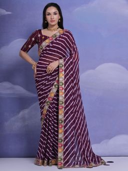 Odette - Wine Printed Georgette Saree for Women with Unstitched Blouse