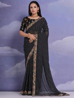 Odette - Black Printed Georgette Saree for Women with Unstitched Blouse