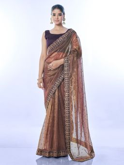 Odette - Rust Embellished Net Saree for Women with Unstitched Blouse