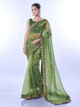 Odette - Green Embellished Net Saree for Women with Unstitched Blouse