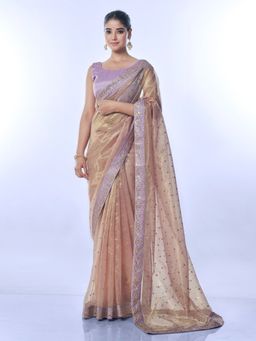 Odette - Dusky Pink Embellished Net Saree for Women with Unstitched Blouse