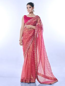 Odette - Pink Embellished Net Saree for Women with Unstitched Blouse