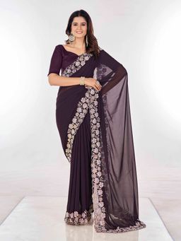 Odette - Wine Embroidered Georgette Saree for Women with Unstitched Blouse