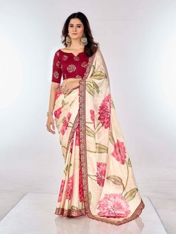 Odette - Off White Printed Chiffon Saree for Women with Unstitched Blouse