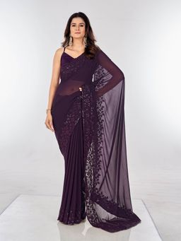 Odette - Wine Embroidered Georgette Saree for Women with Unstitched Blouse