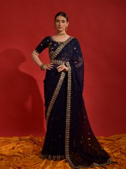 Odette - Navy Blue Embroidered Georgette Saree for Women with Unstitched Blouse